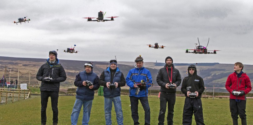 Pilots warming up before their drone race.